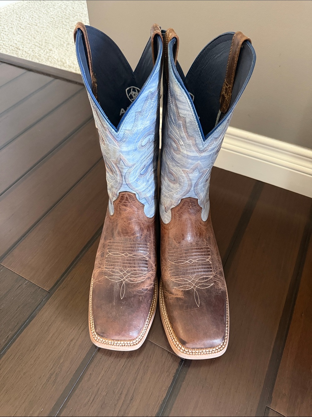 Ariat Brown Leather Foot with Light Blue Embroidered Shaft Cowboy Boots